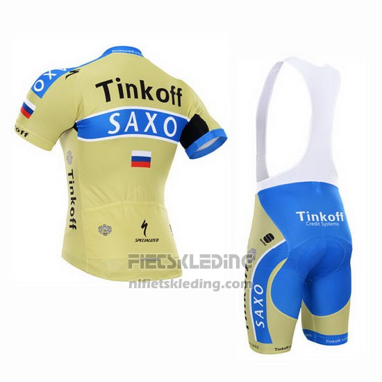 2015 Fietskleding Tinkoff Saxo Bank Azuur en Geel Korte Mouwen en Koersbroek